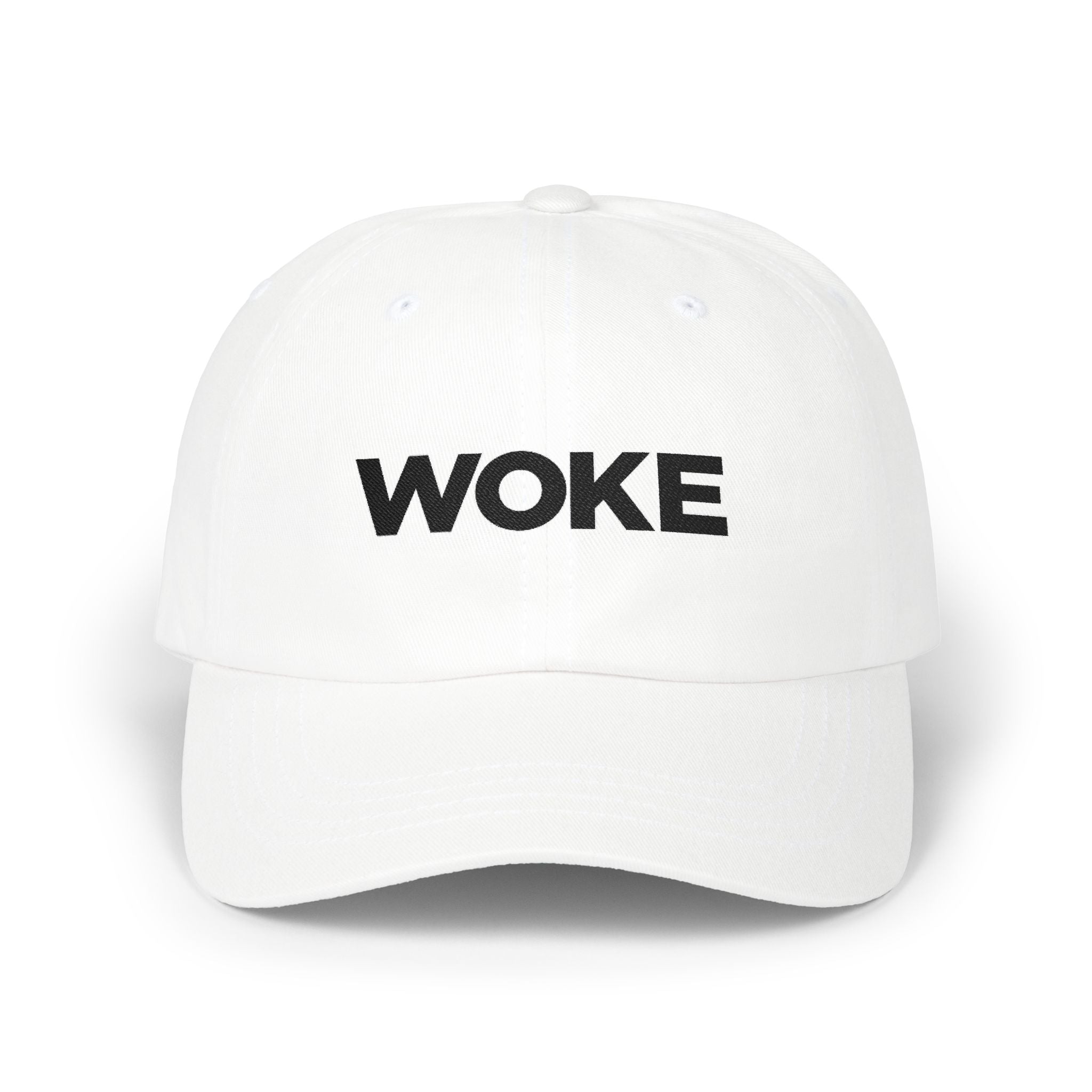 WOKE Embroidered Dad Cap — White Classic Baseball Hat